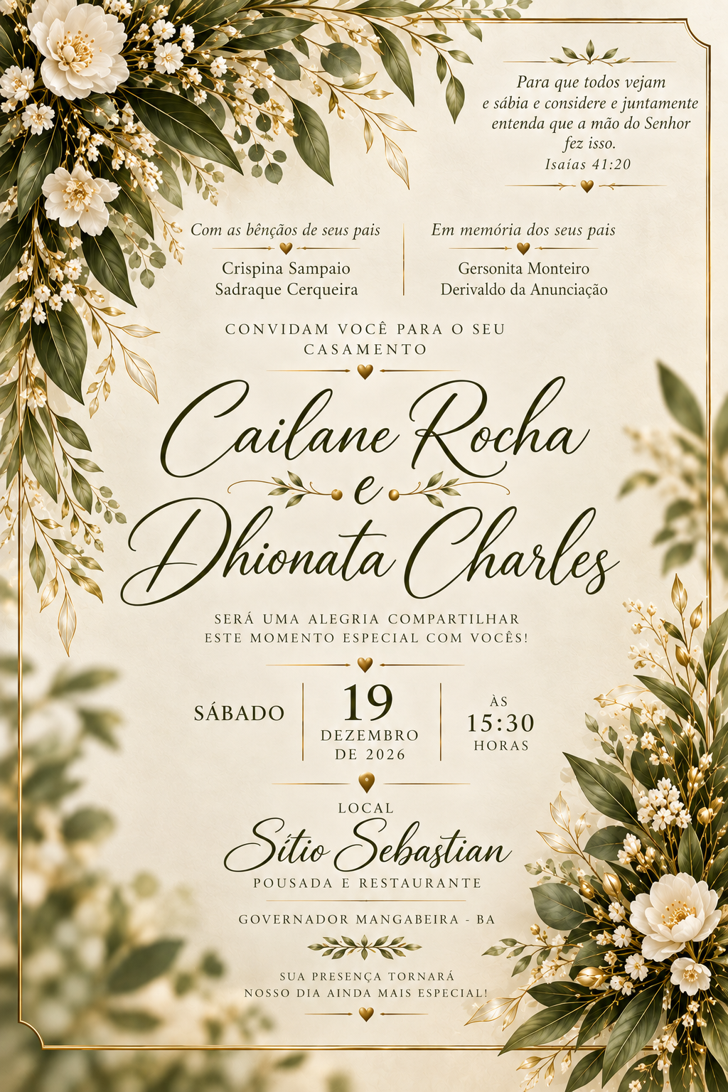 Convite de casamento de Cailane Rocha e Dhionata Charles, 19 de dezembro de 2026 às 15h30, Sítio Sebastian, Governador Mangabeira - BA